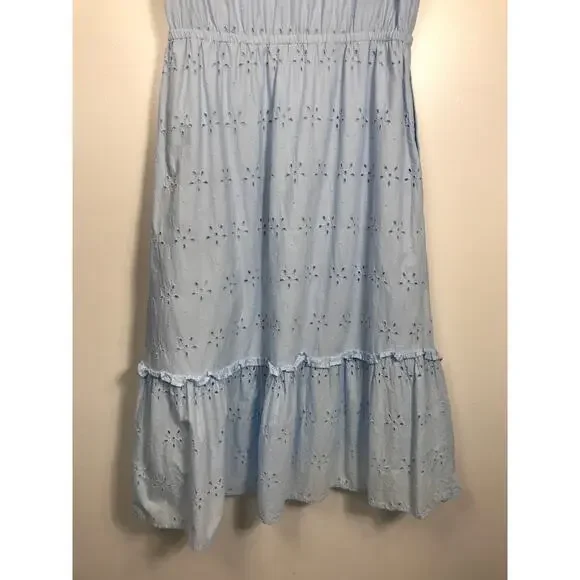 J. Crew Midi Dress Women's 8 Blue V Neck Puff Sleeve Eyelet Tiered Feminine - Picture 11 of 15